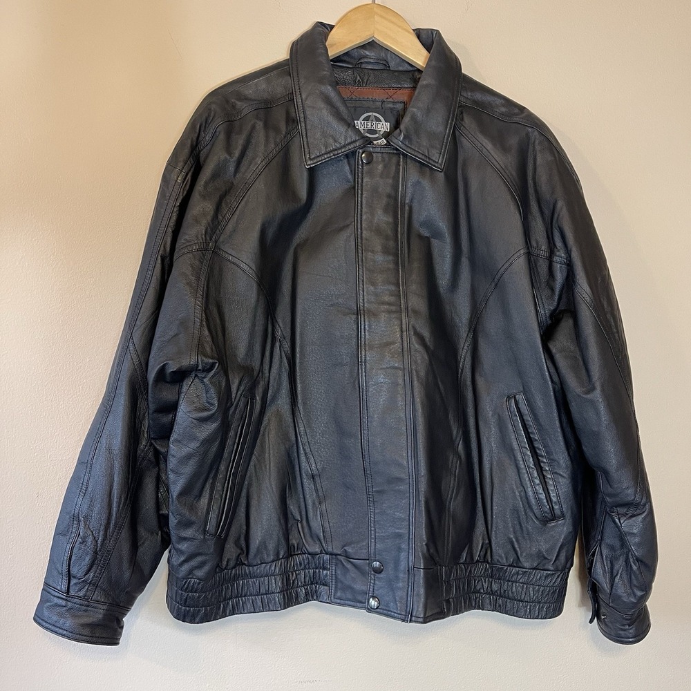 VTG AMERICAN OUTERWEAR MEN XL BLACK LEATHER BOMBER‎ JACKET/AVIATOR, MOTORCYCLE